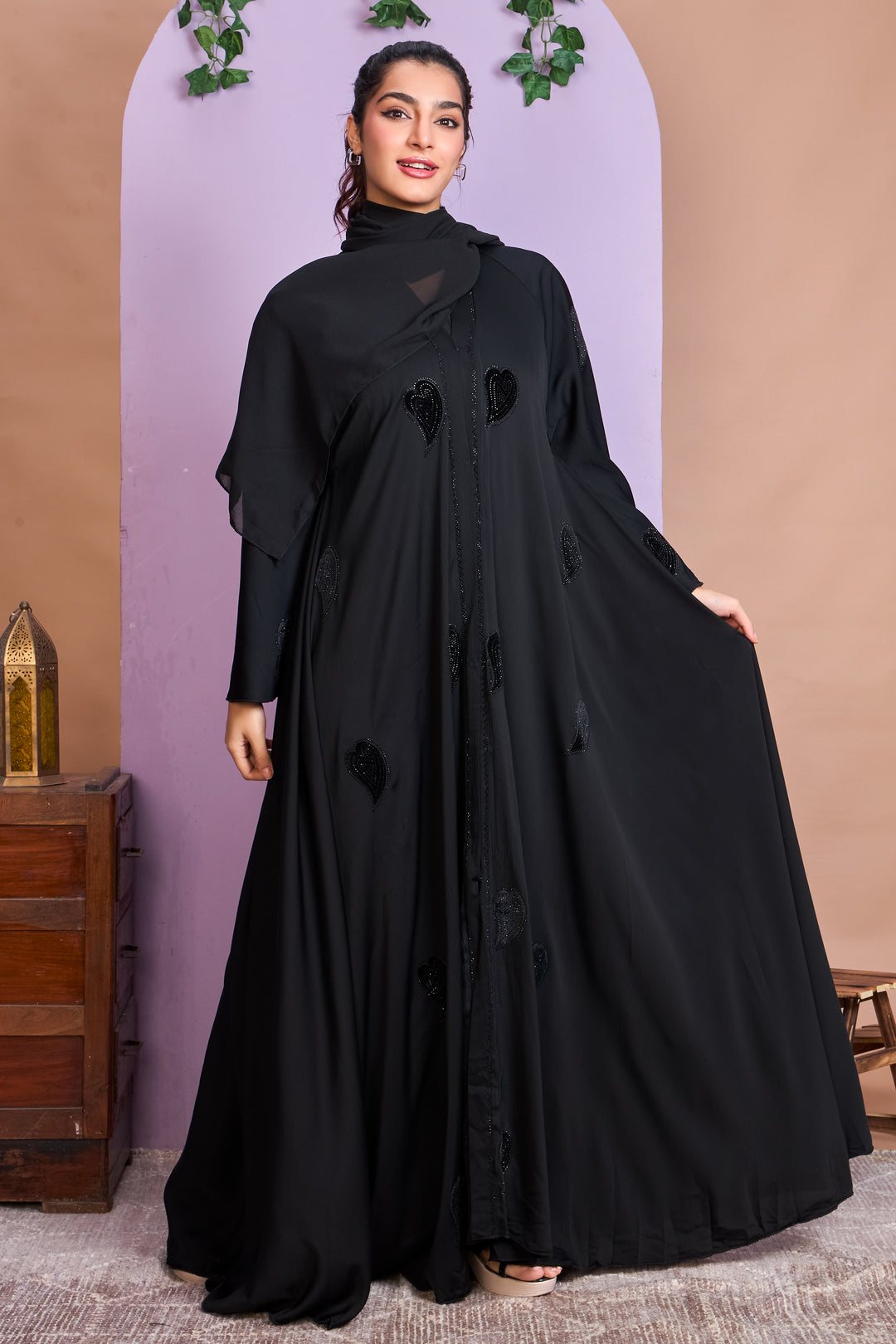 Black Heart Embellished Umbrella Abaya
