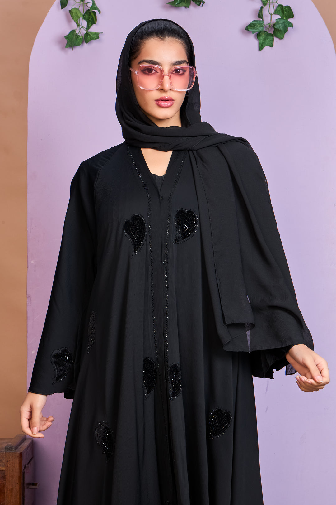 Black Heart Embellished Umbrella Abaya