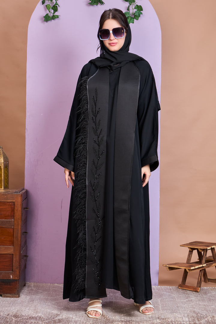 Shrug Abaya – Black with Beaded Leaf Detailing & Feather Trim