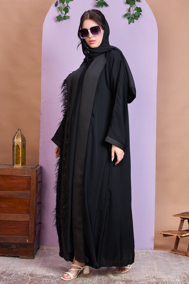 Shrug Abaya – Black with Beaded Leaf Detailing & Feather Trim