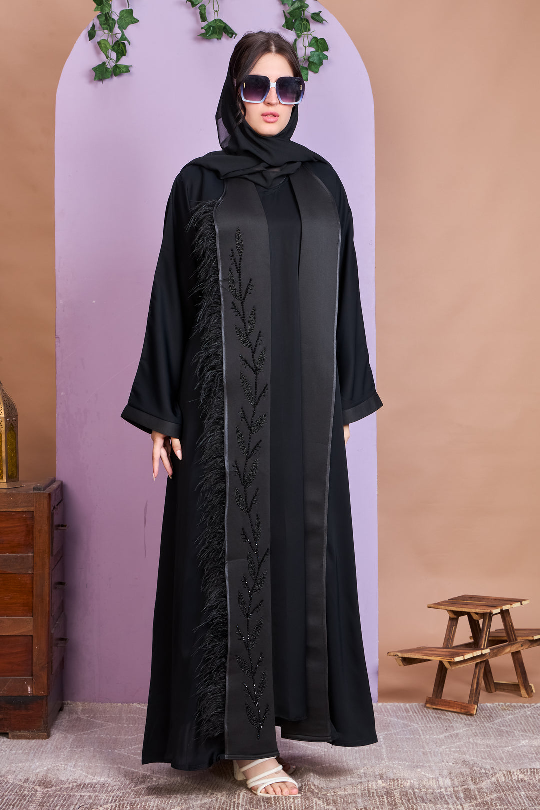 Shrug Abaya – Black with Beaded Leaf Detailing & Feather Trim