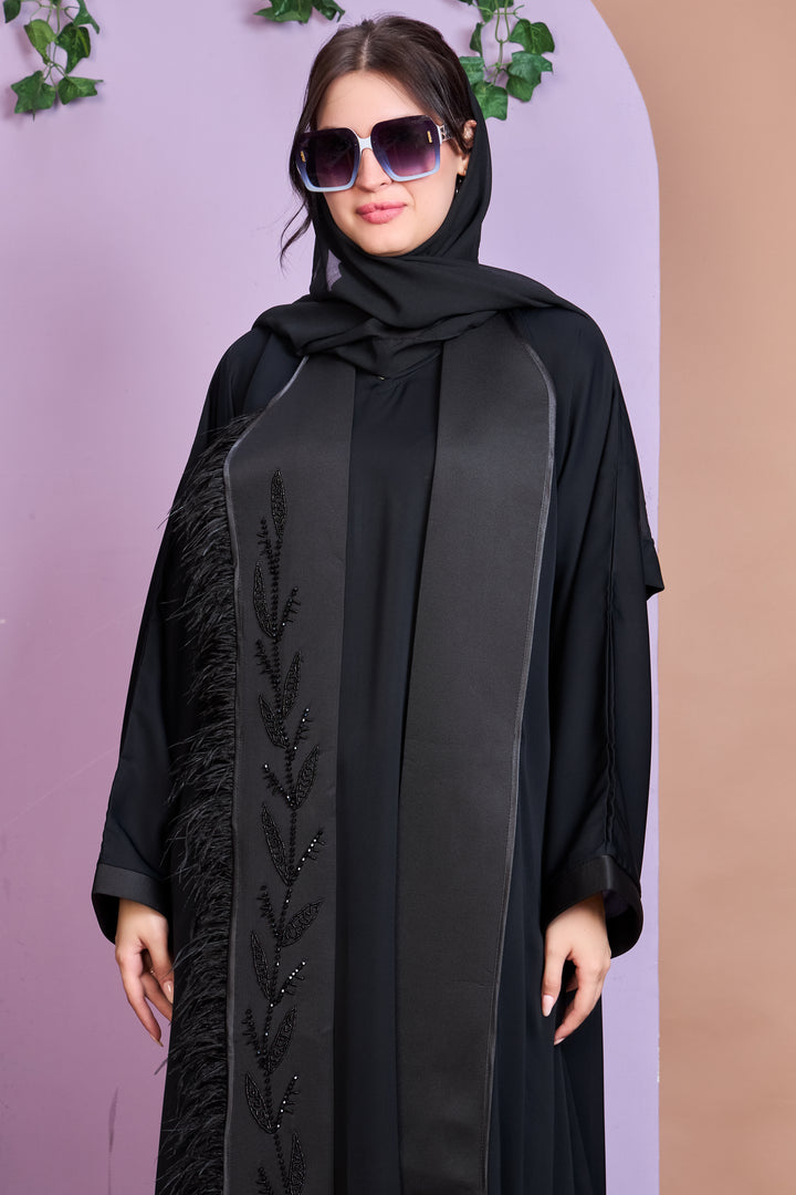 Shrug Abaya – Black with Beaded Leaf Detailing & Feather Trim