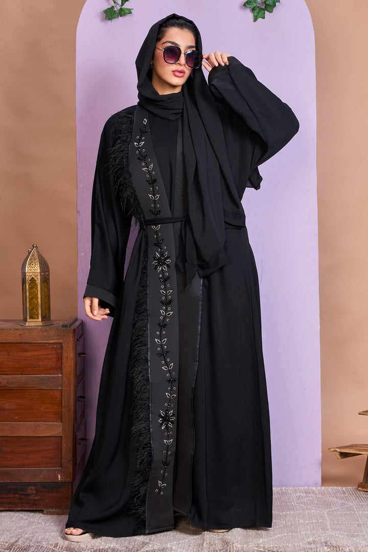 Shrug Abaya – Black with Floral Beaded Detailing & Feather Trim
