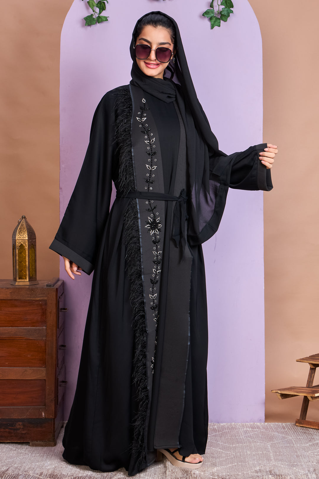 Shrug Abaya – Black with Floral Beaded Detailing & Feather Trim