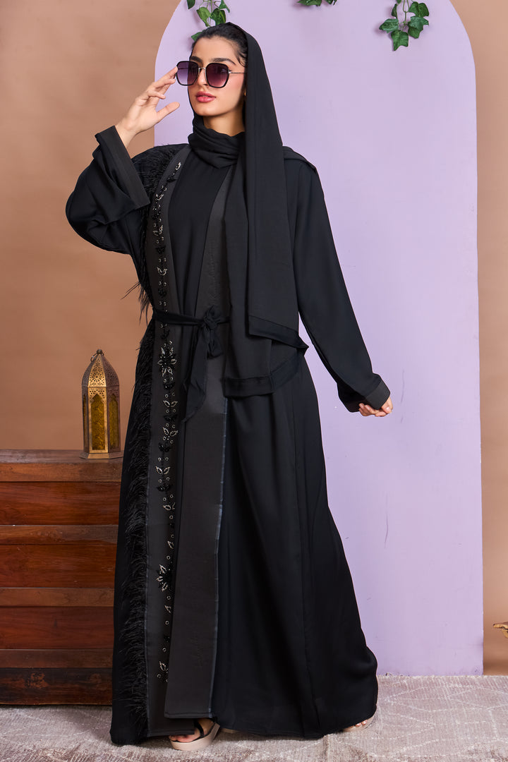 Shrug Abaya – Black with Floral Beaded Detailing & Feather Trim