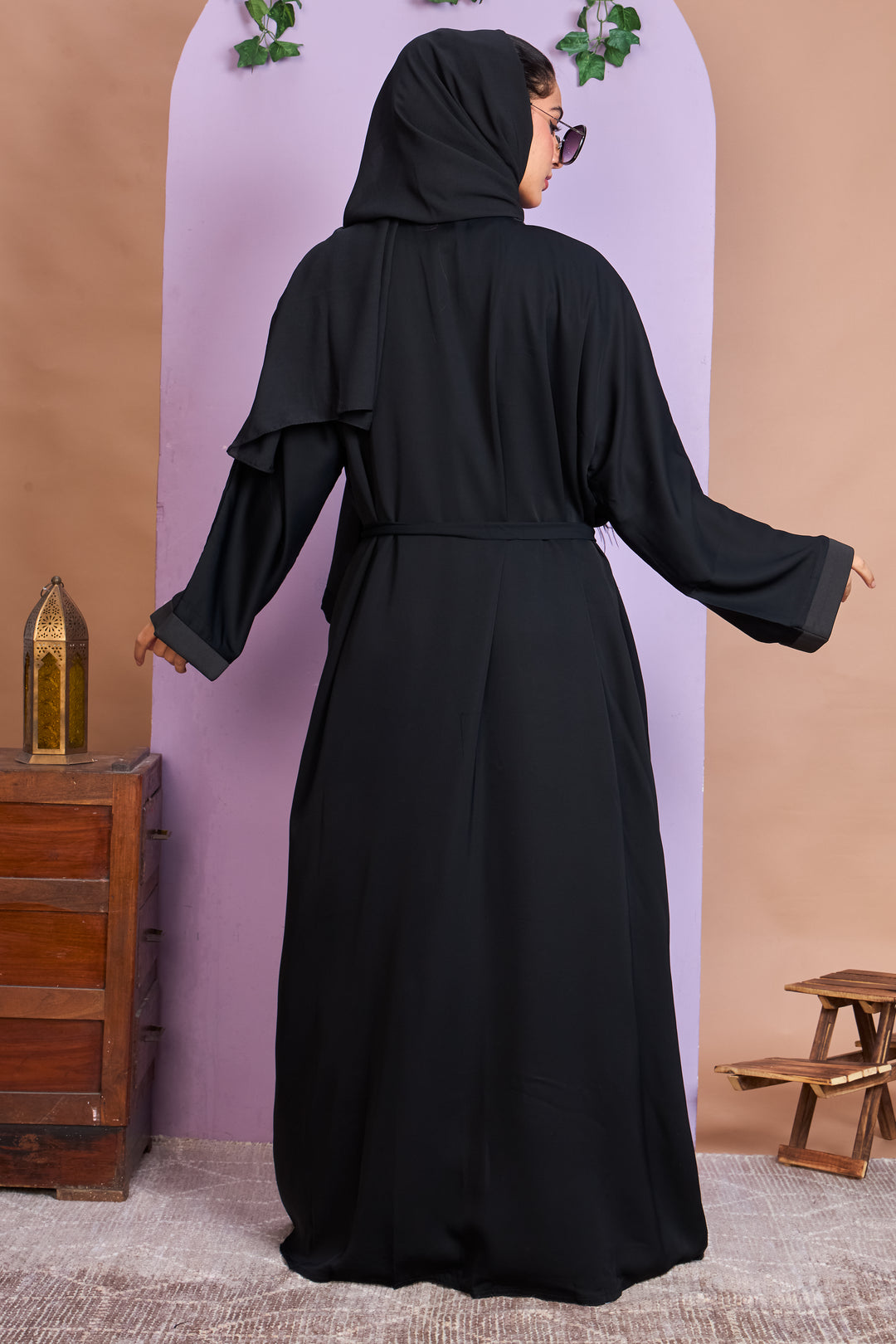 Shrug Abaya – Black with Floral Beaded Detailing & Feather Trim