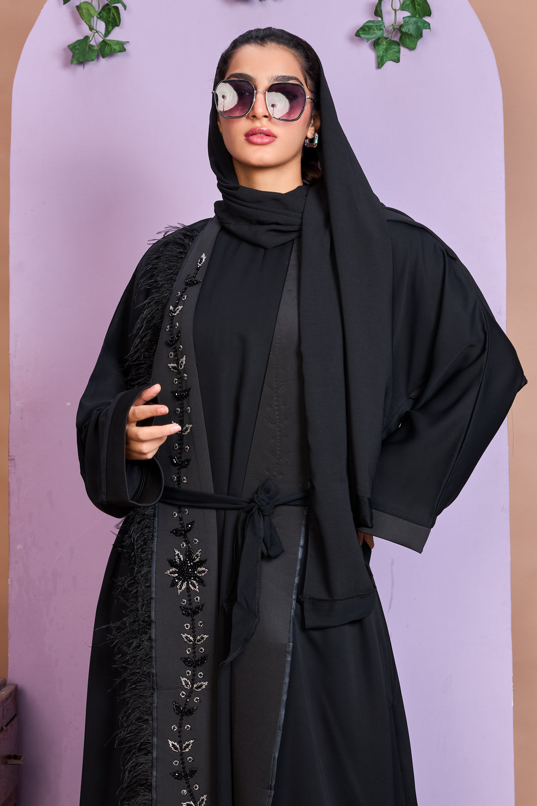 Shrug Abaya – Black with Floral Beaded Detailing & Feather Trim