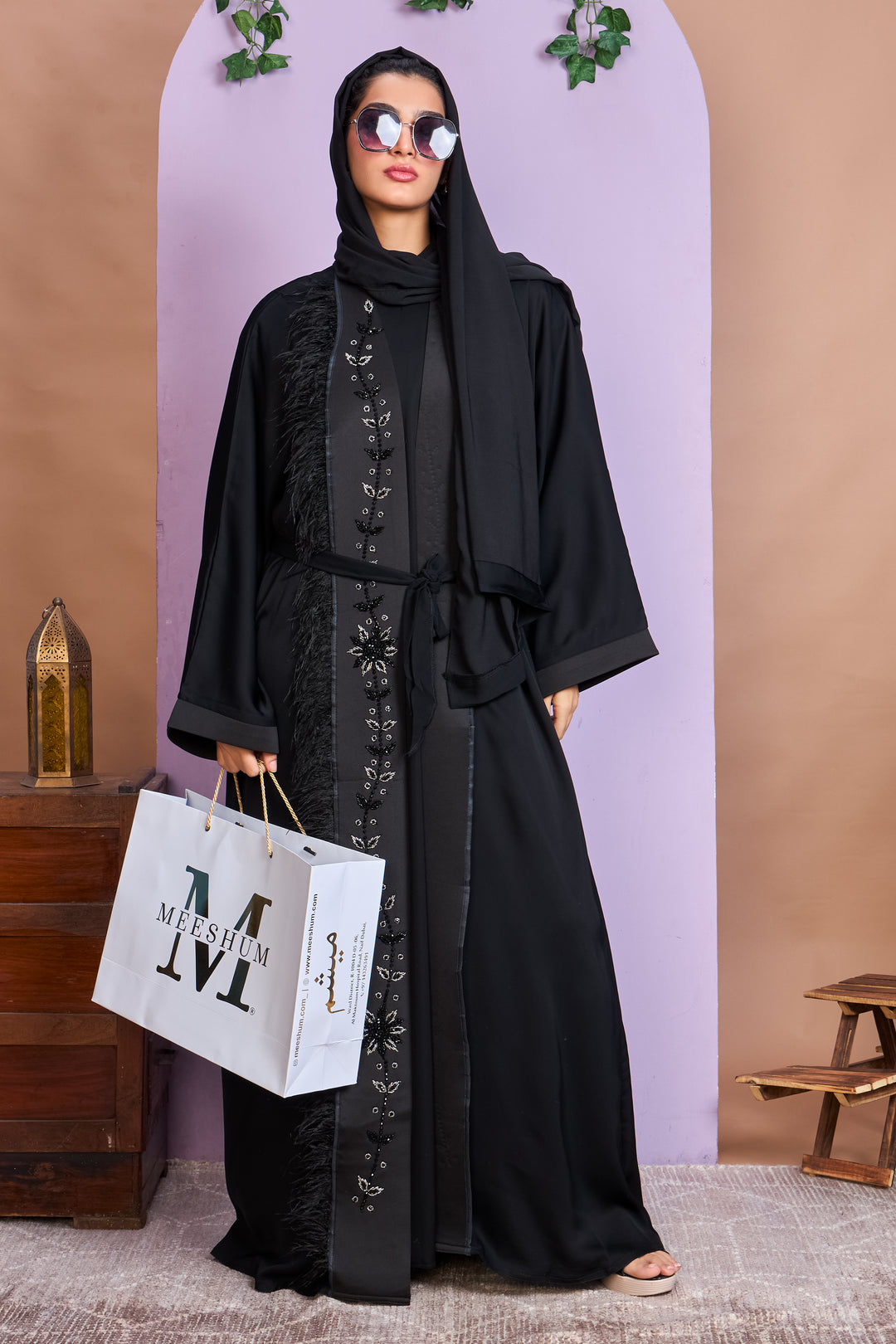 Shrug Abaya – Black with Floral Beaded Detailing & Feather Trim