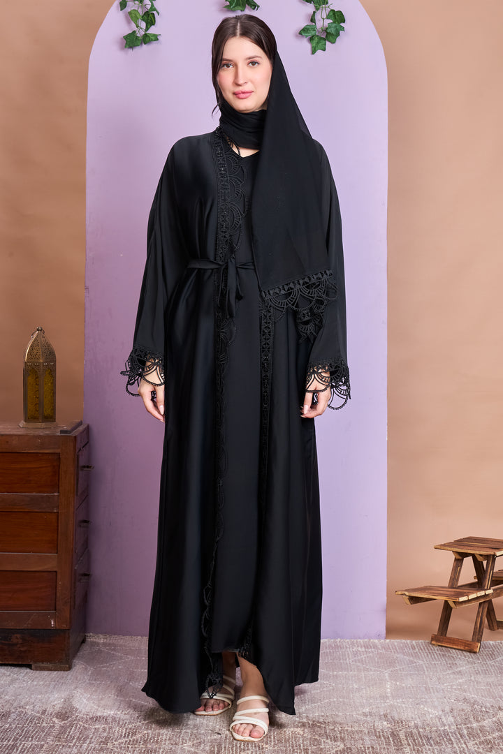 Black Embroidered Open Abaya