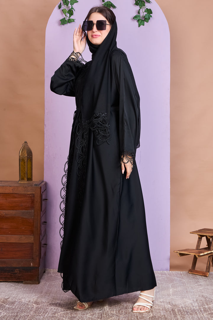 Black Embroidered Open Abaya