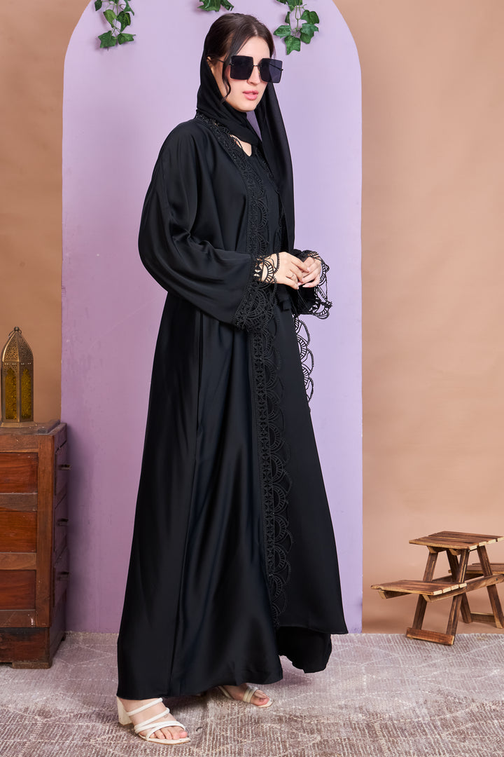 Black Embroidered Open Abaya
