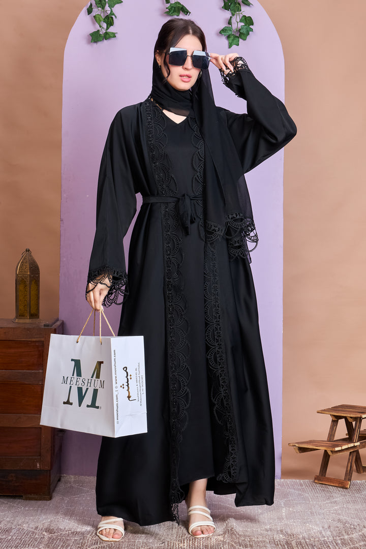 Black Embroidered Open Abaya