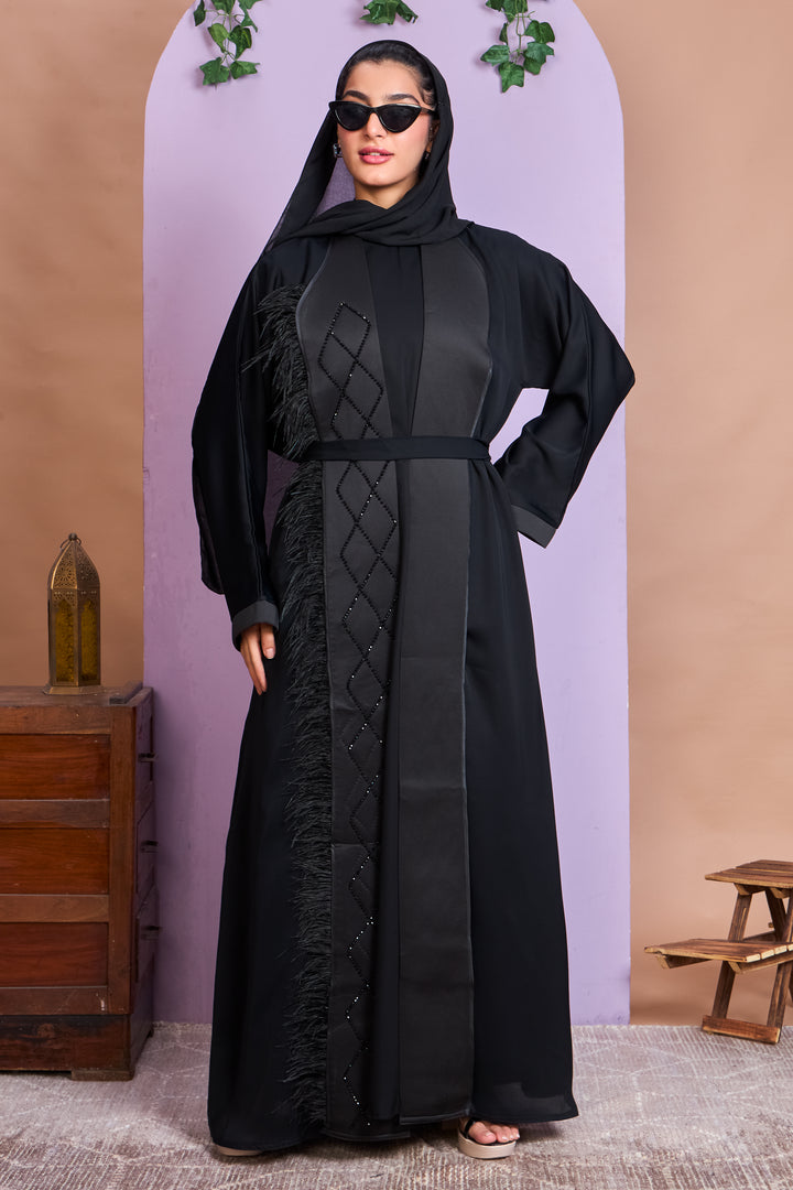 Shrug Abaya – Black with Beaded Leaf Detailing & Feather Trim
