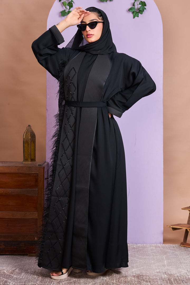 Shrug Abaya – Black with Beaded Leaf Detailing & Feather Trim
