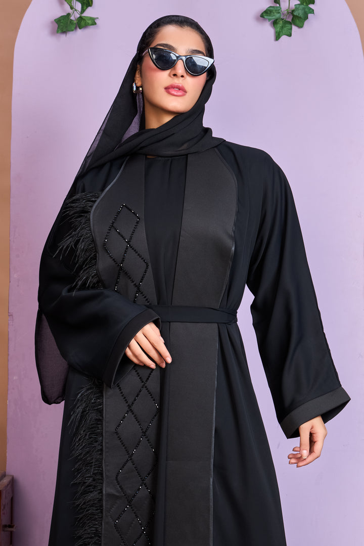 Shrug Abaya – Black with Beaded Leaf Detailing & Feather Trim