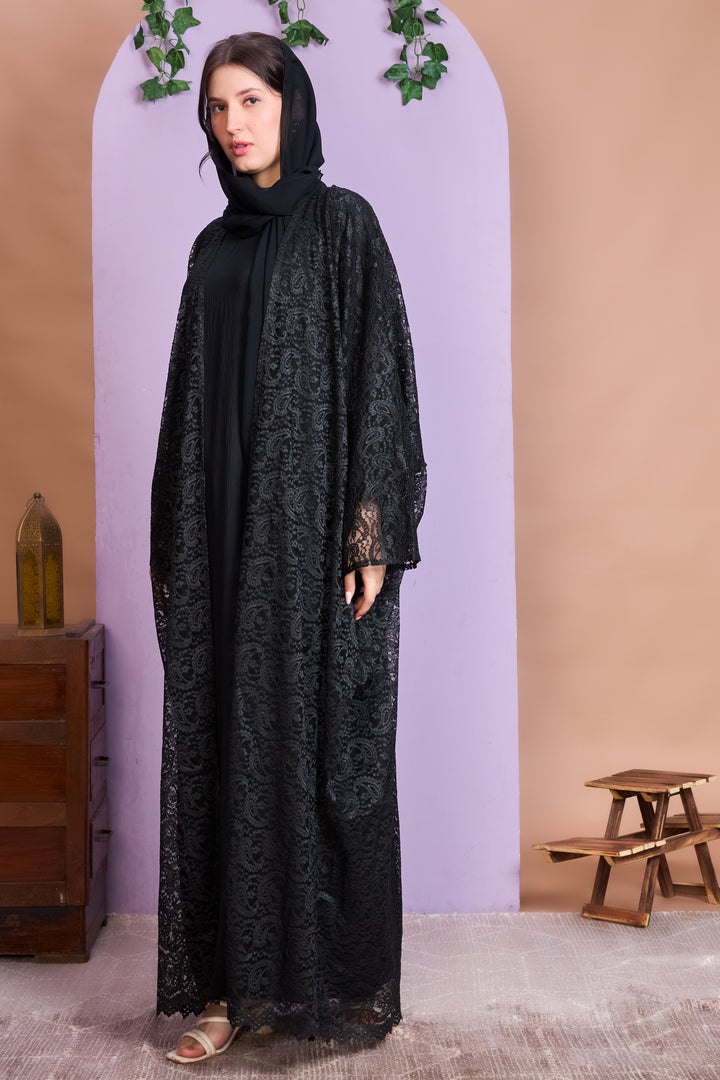 "Black Lace Abaya – Elegant Sheer Design with Subtle Shimmer  "