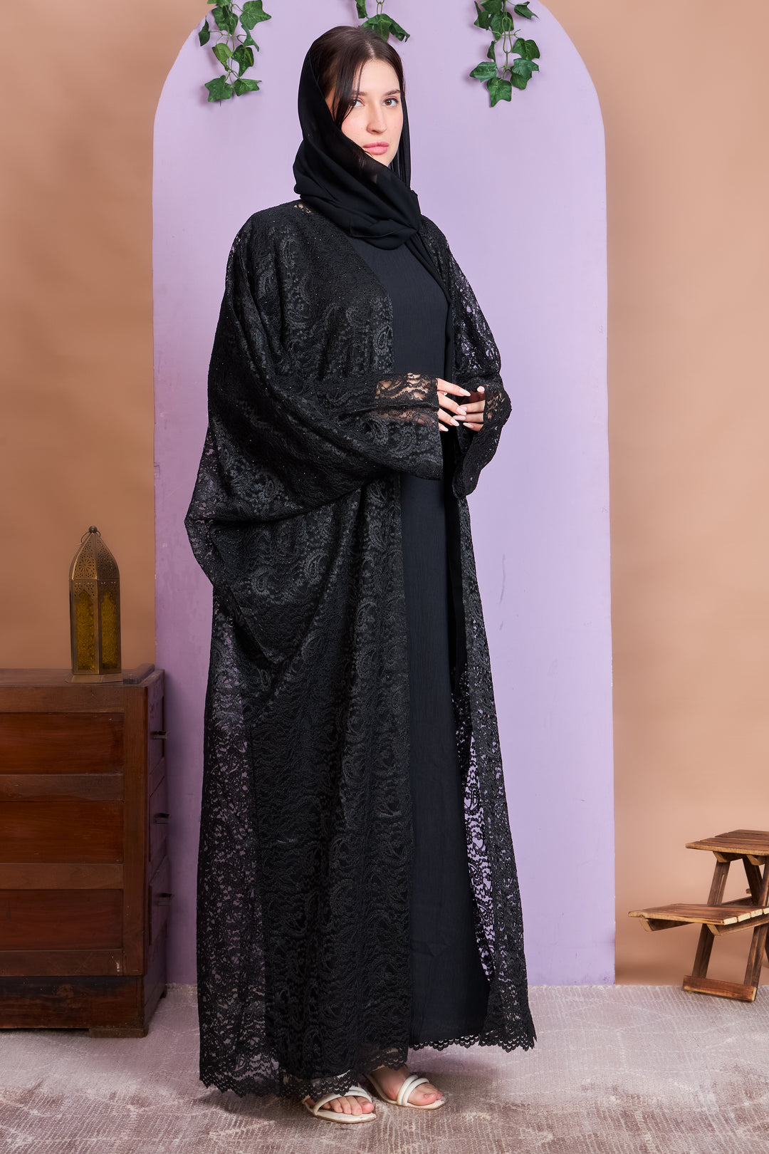"Black Lace Abaya – Elegant Sheer Design with Subtle Shimmer  "