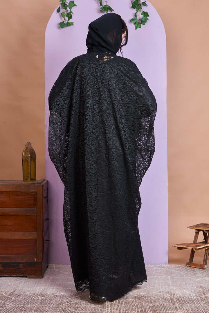 "Black Lace Abaya – Elegant Sheer Design with Subtle Shimmer  "