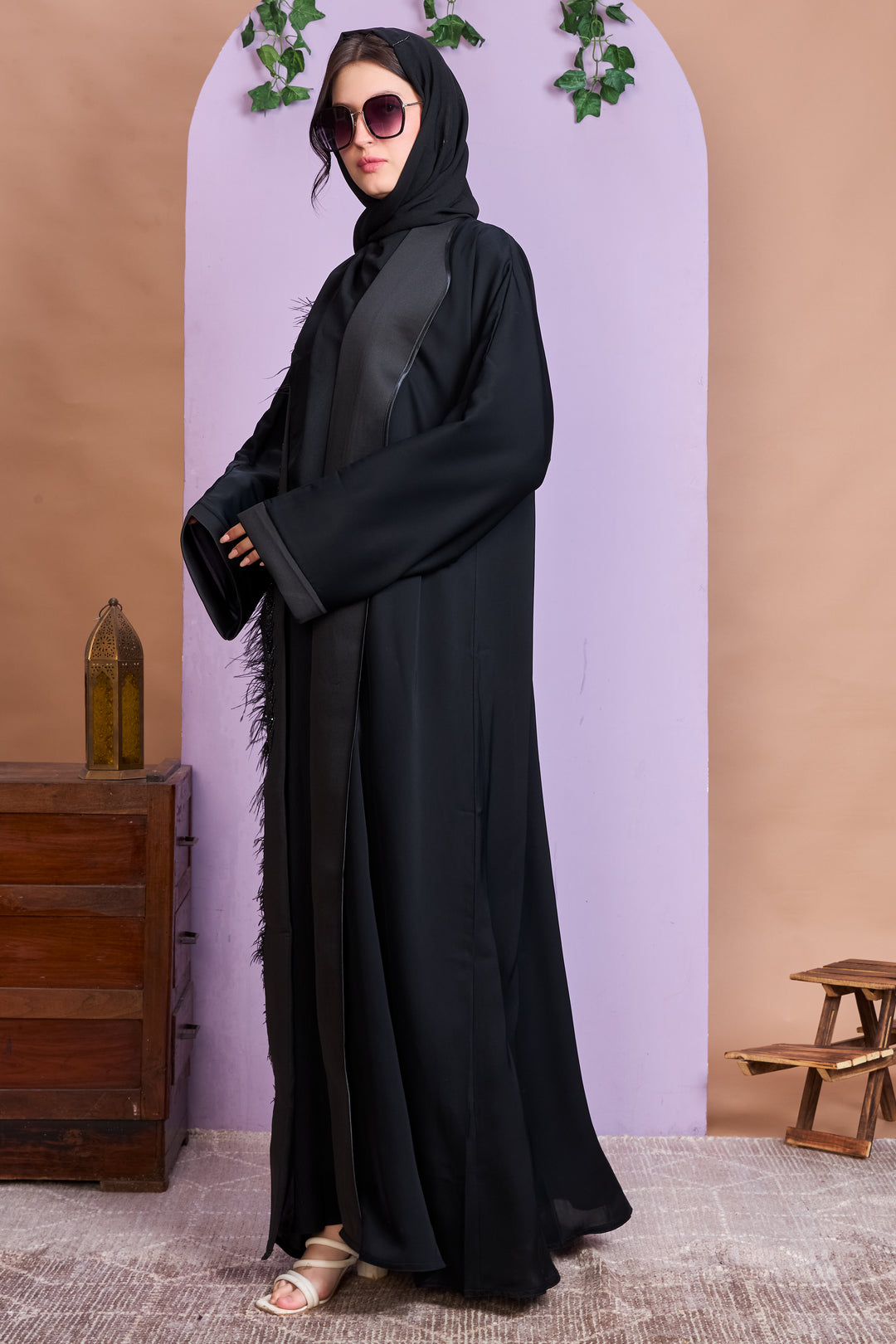 Shrug Abaya – Black with Beaded Leaf Detailing & Feather Trim