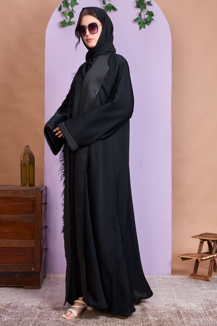 Shrug Abaya – Black with Beaded Leaf Detailing & Feather Trim