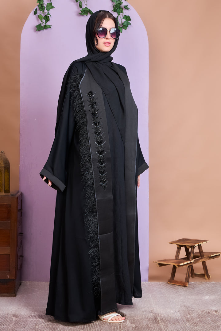 Shrug Abaya – Black with Beaded Leaf Detailing & Feather Trim