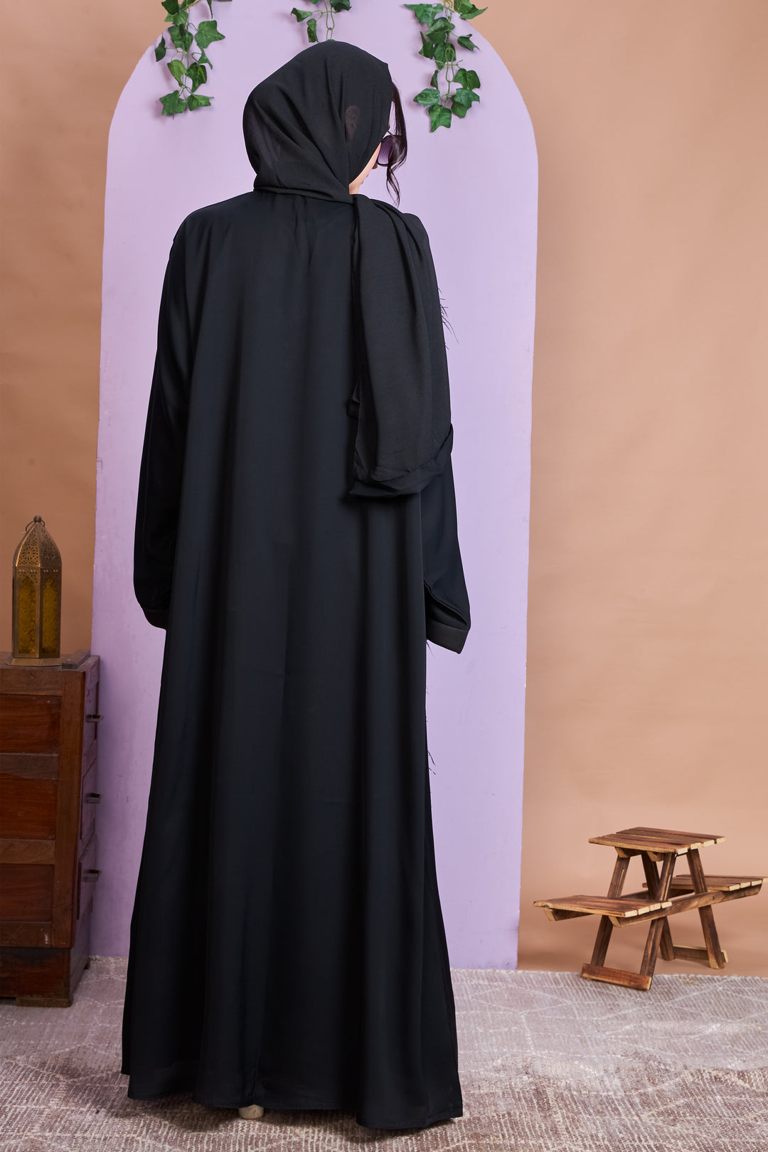 Shrug Abaya – Black with Beaded Leaf Detailing & Feather Trim