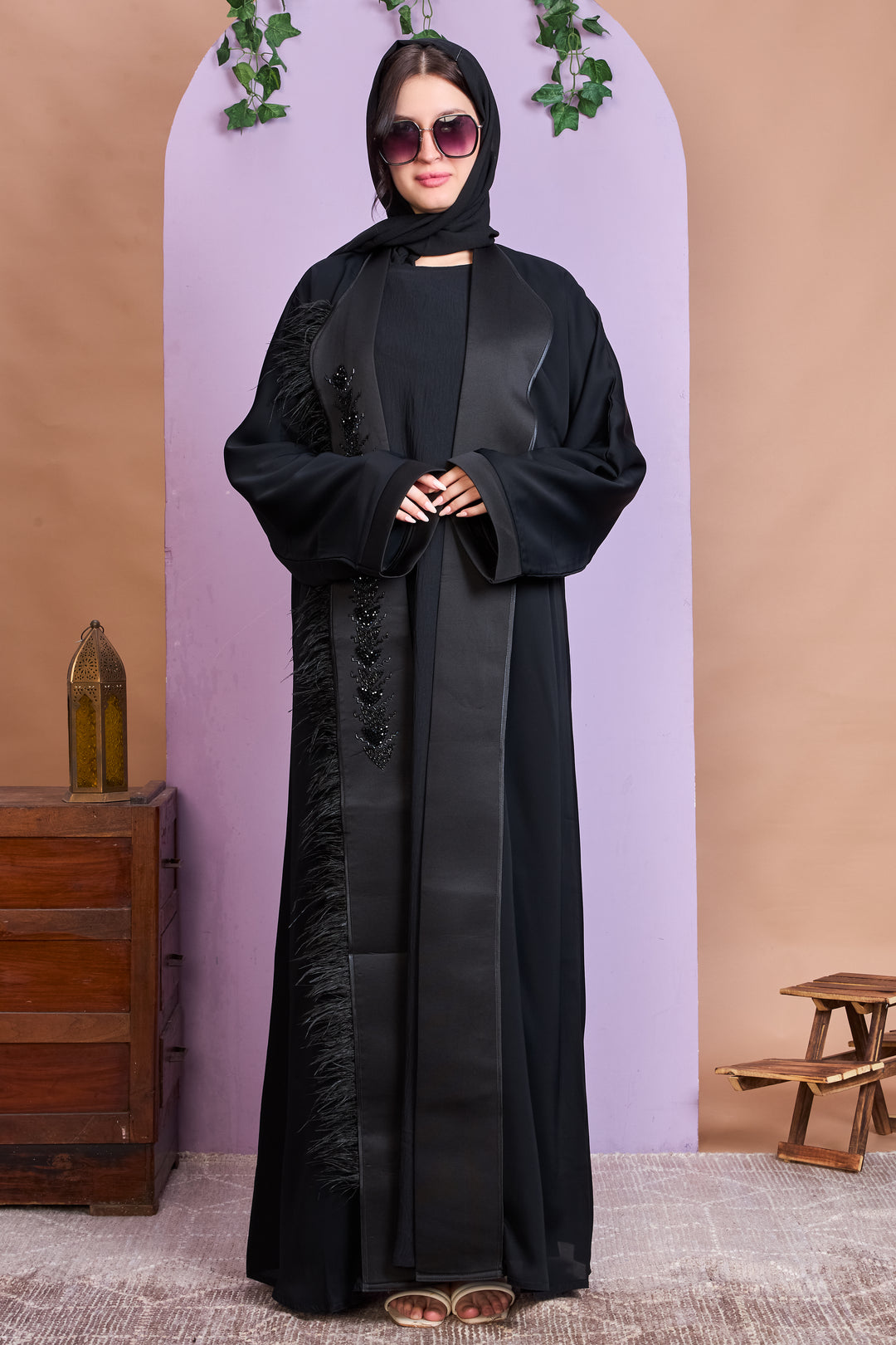 Shrug Abaya – Black with Beaded Leaf Detailing & Feather Trim