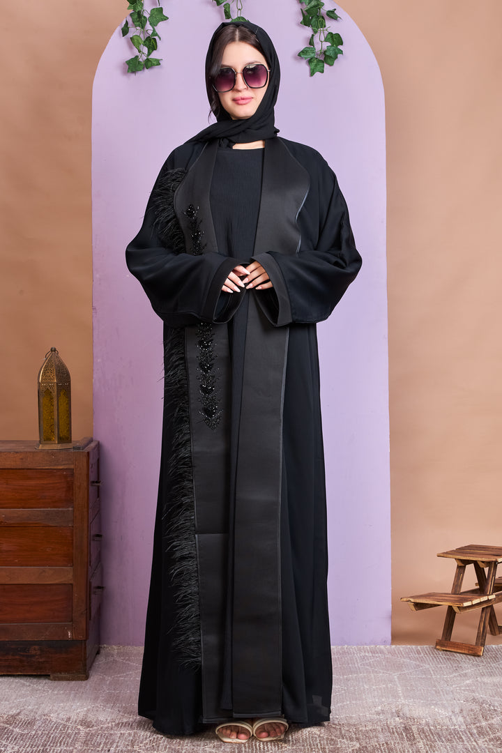 Shrug Abaya – Black with Beaded Leaf Detailing & Feather Trim