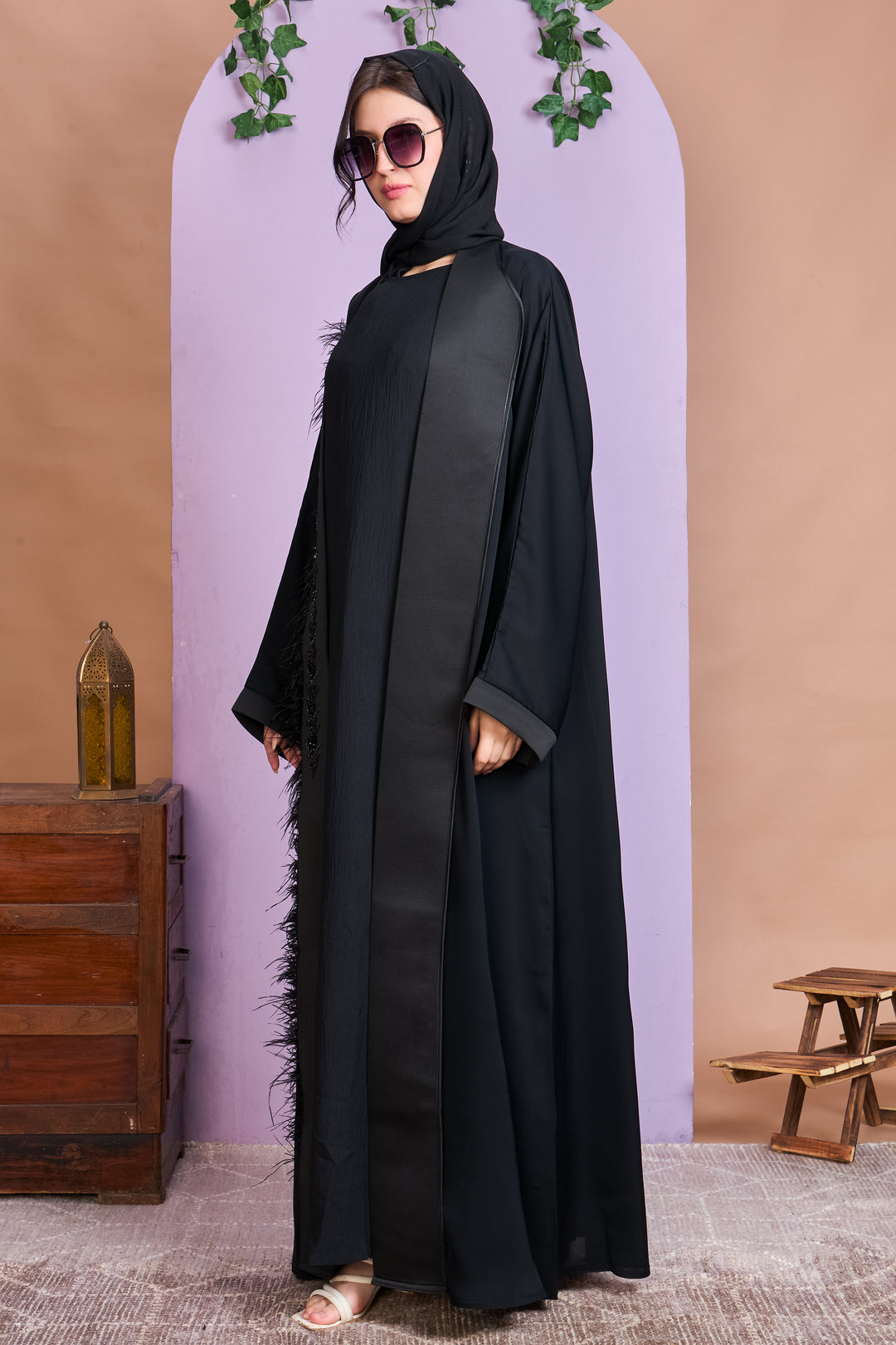 Shrug Abaya – Black with Beaded Leaf Detailing & Feather Trim