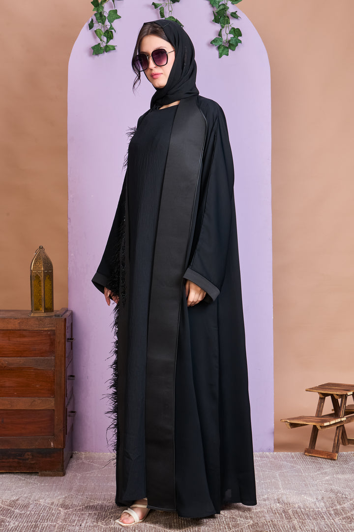 Shrug Abaya – Black with Beaded Leaf Detailing & Feather Trim