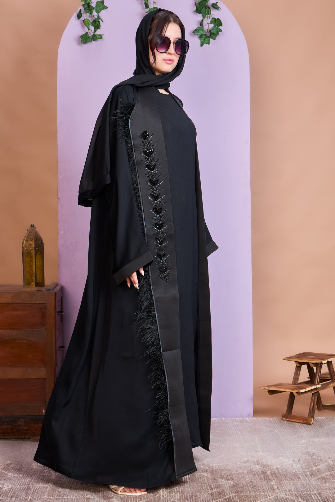 Shrug Abaya – Black with Beaded Leaf Detailing & Feather Trim