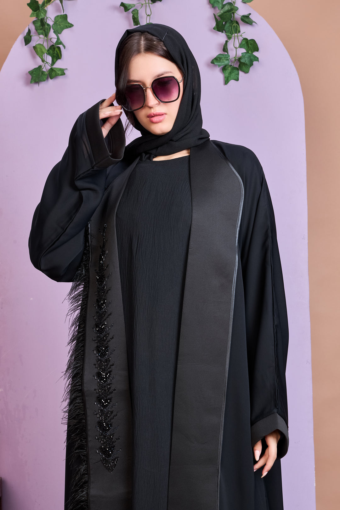 Shrug Abaya – Black with Beaded Leaf Detailing & Feather Trim