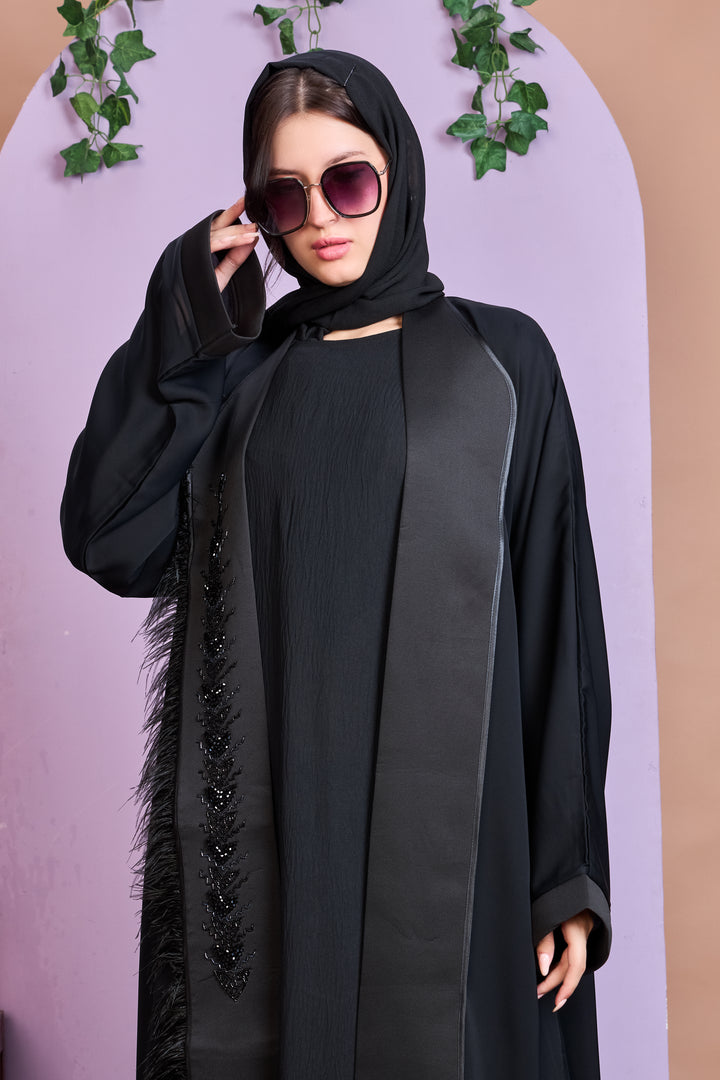 Shrug Abaya – Black with Beaded Leaf Detailing & Feather Trim
