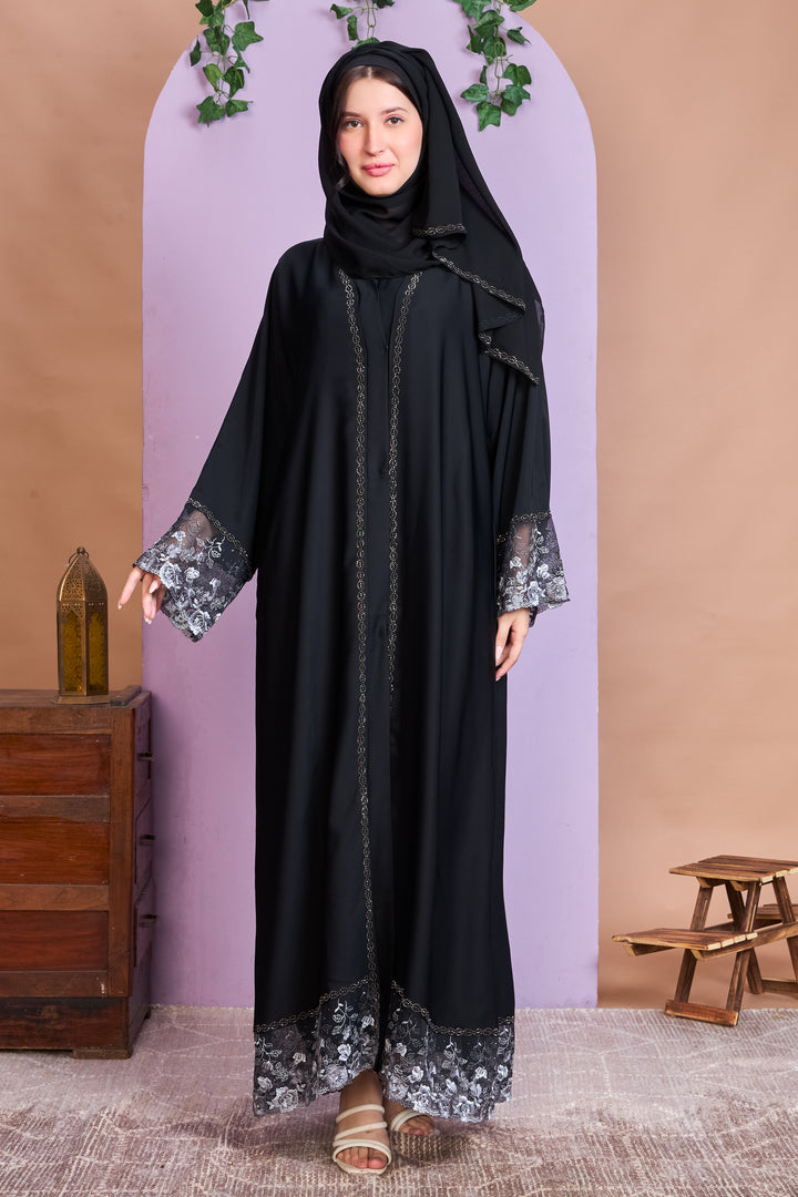 Black Abaya with Silver Rose Lace Embroidery