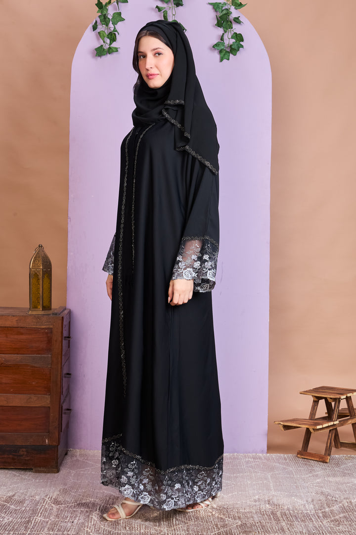 Black Abaya with Silver Rose Lace Embroidery