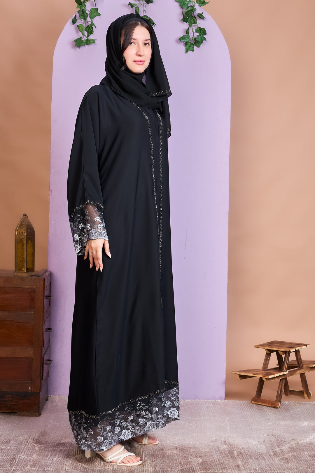 Black Abaya with Silver Rose Lace Embroidery