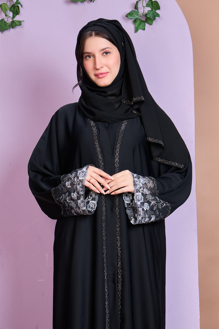 Black Abaya with Silver Rose Lace Embroidery