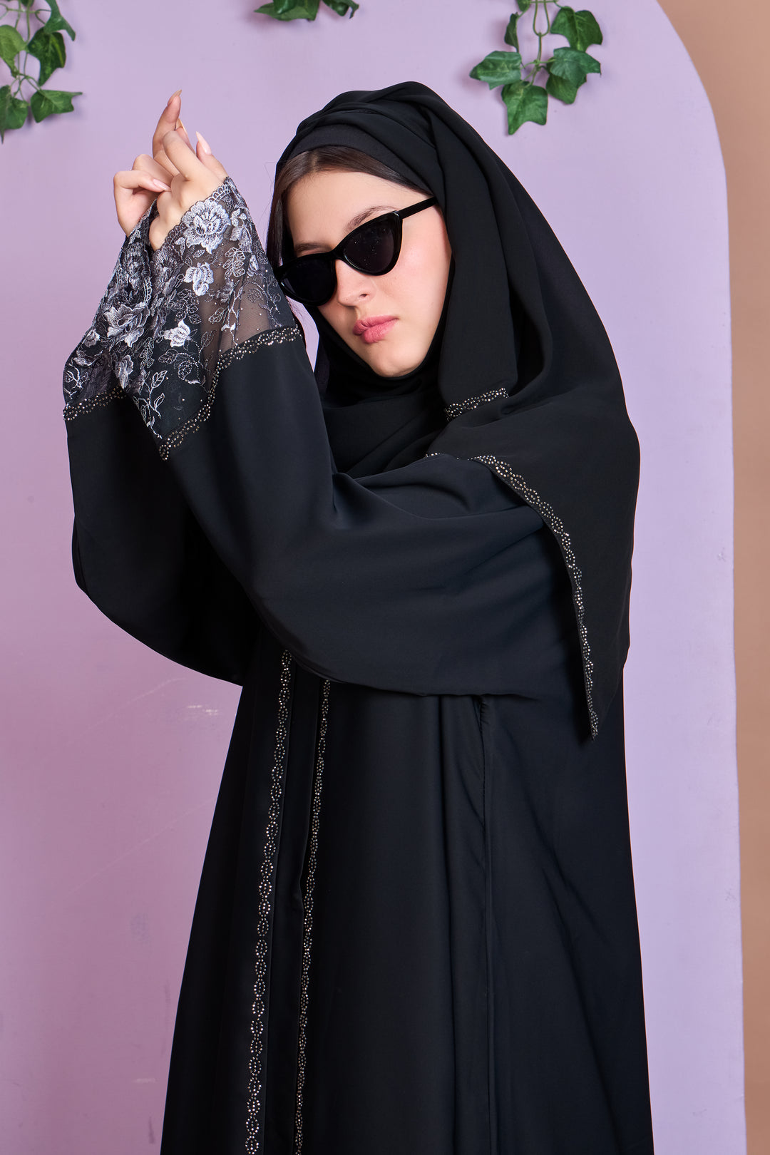 Black Abaya with Silver Rose Lace Embroidery