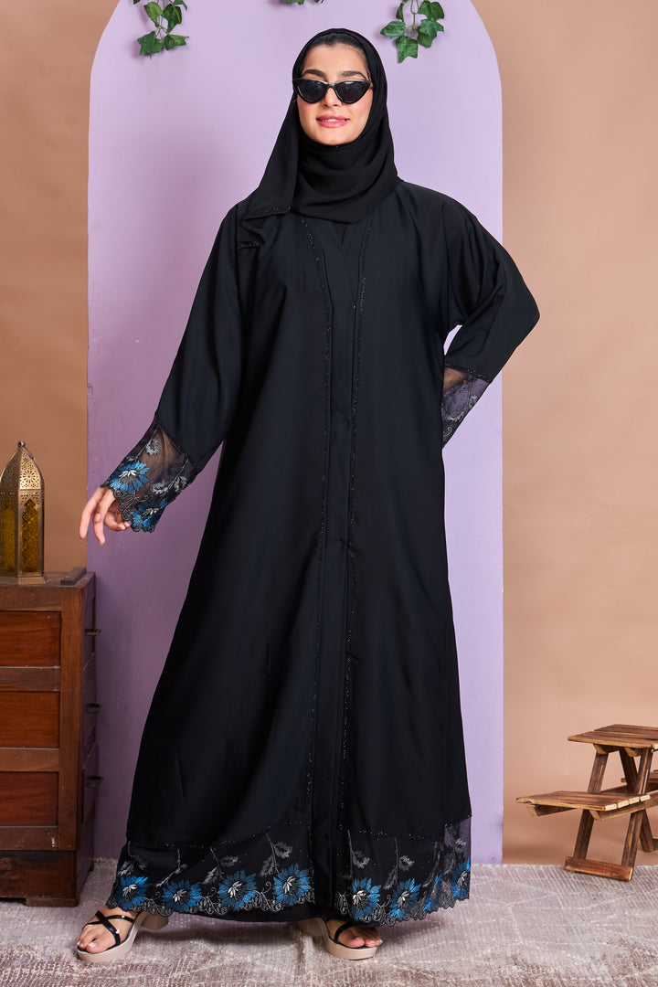 Black Embroidered Abaya with Blue Floral Lace Borders