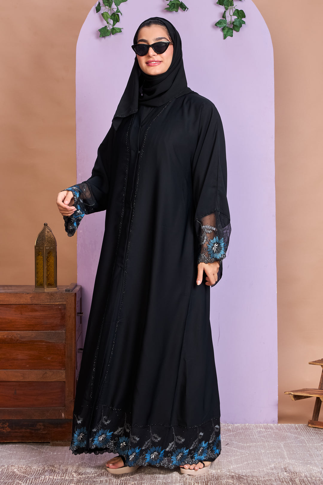 Black Embroidered Abaya with Blue Floral Lace Borders