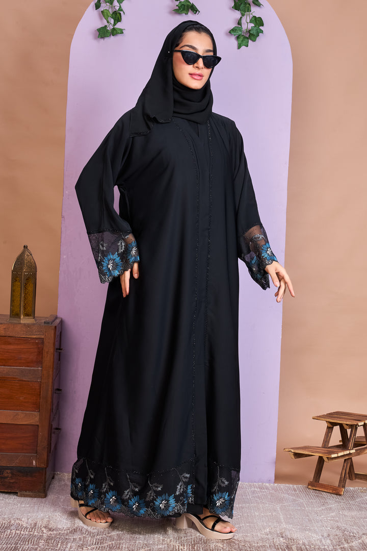 Black Embroidered Abaya with Blue Floral Lace Borders