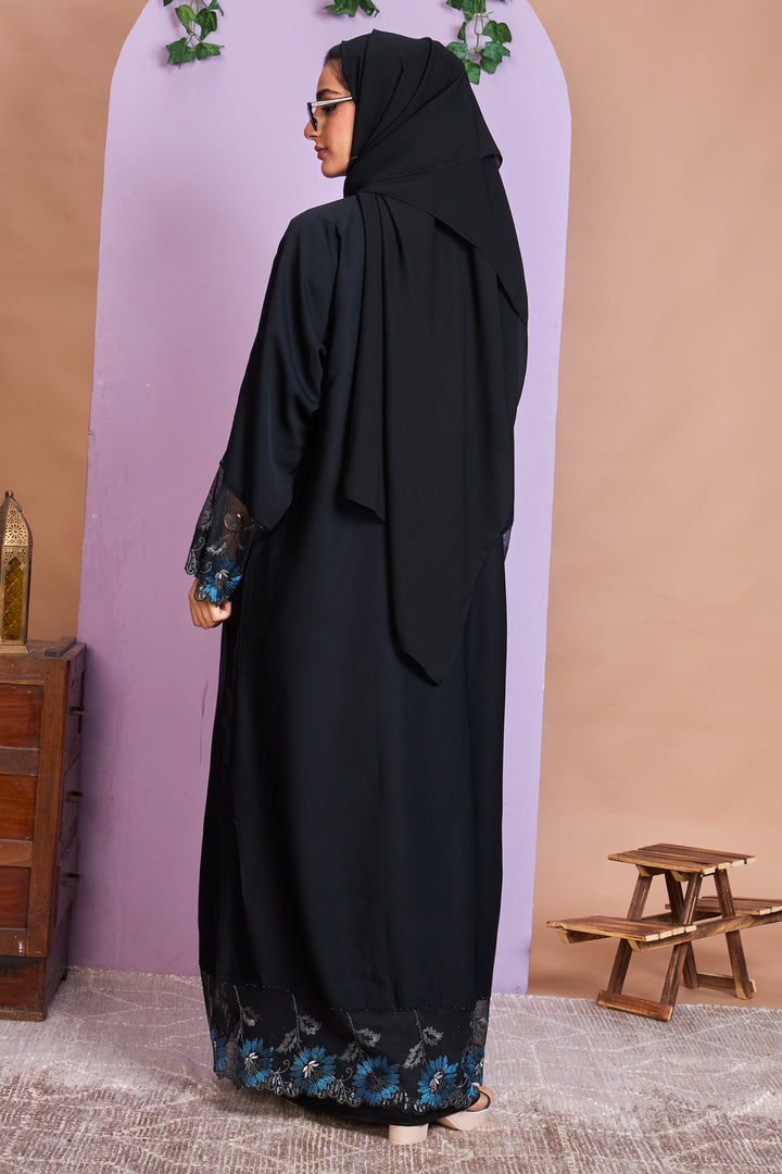 Black Embroidered Abaya with Blue Floral Lace Borders