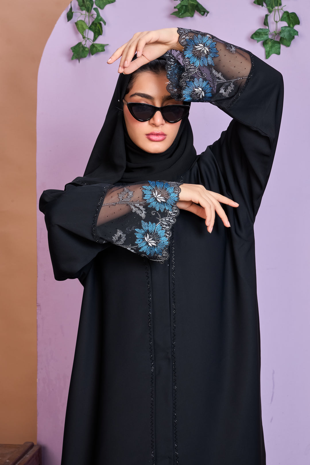 Black Embroidered Abaya with Blue Floral Lace Borders