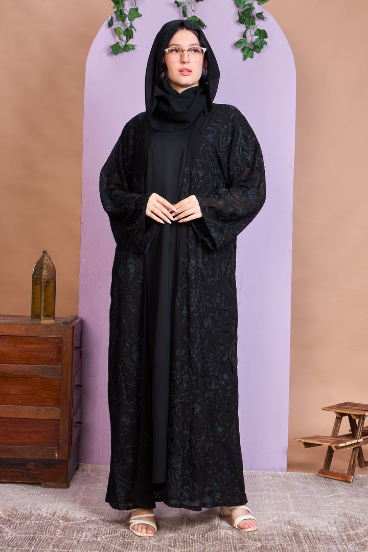 Luxe Black Shrug Abaya with Intricate Stone & Lace Detailing