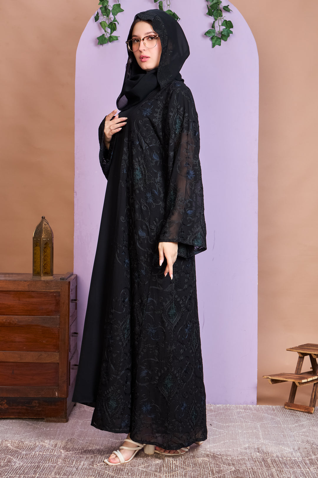 Luxe Black Shrug Abaya with Intricate Stone & Lace Detailing
