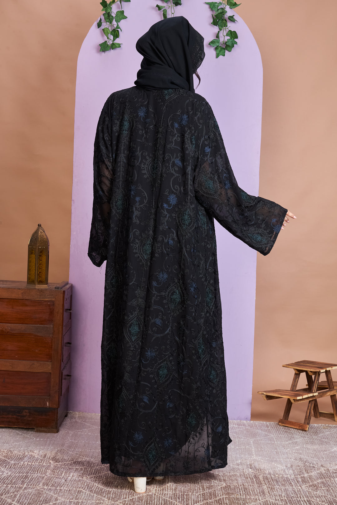Luxe Black Shrug Abaya with Intricate Stone & Lace Detailing