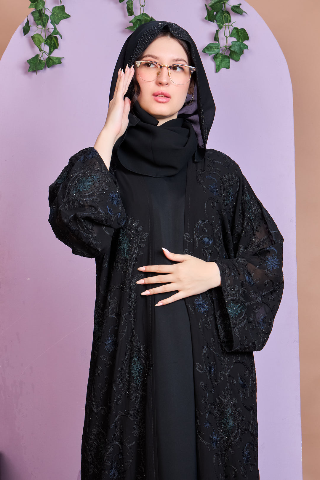 Luxe Black Shrug Abaya with Intricate Stone & Lace Detailing