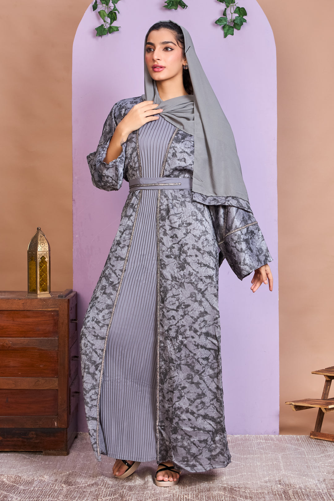 Smokey Grey Textured Open Abaya