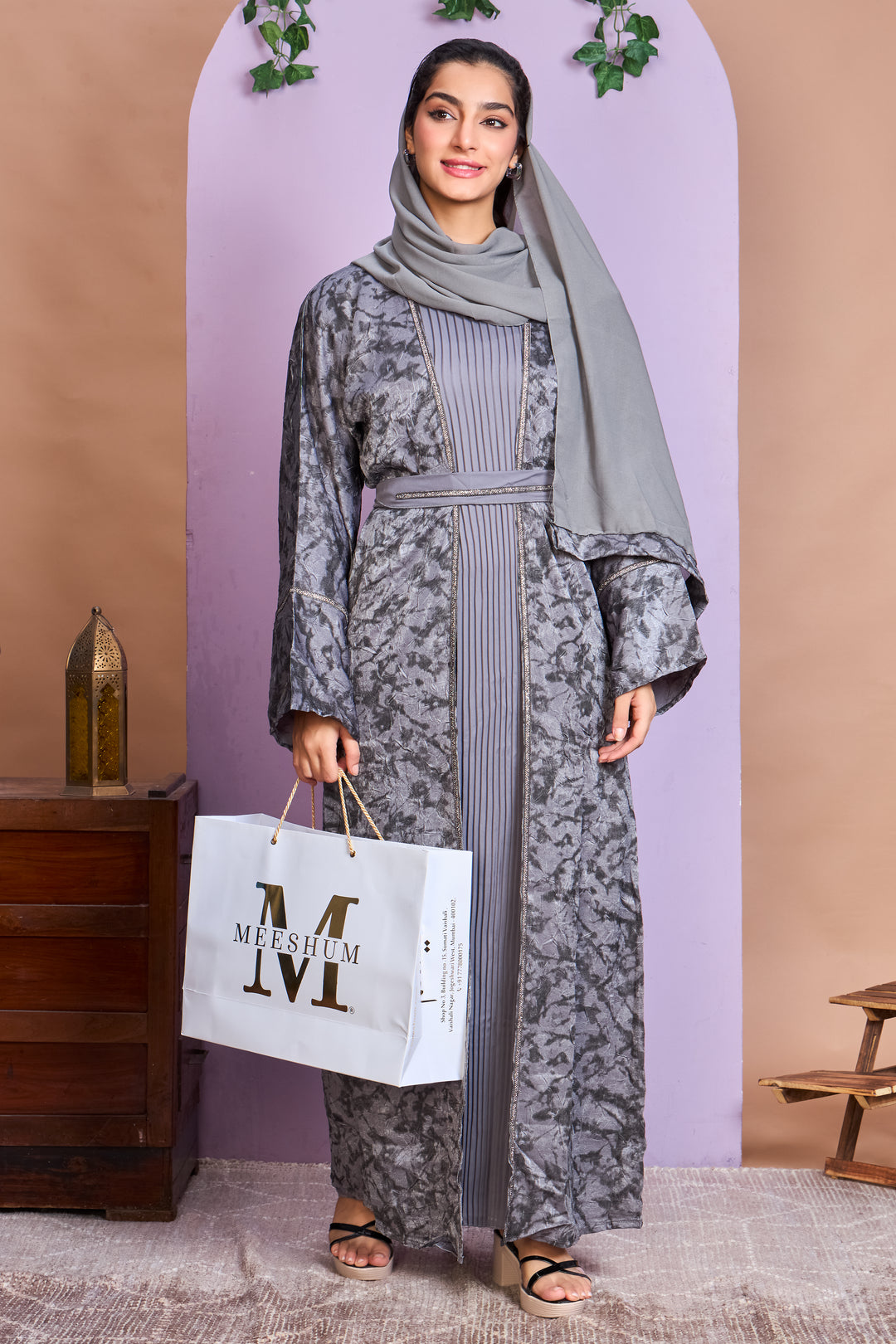 Smokey Grey Textured Open Abaya