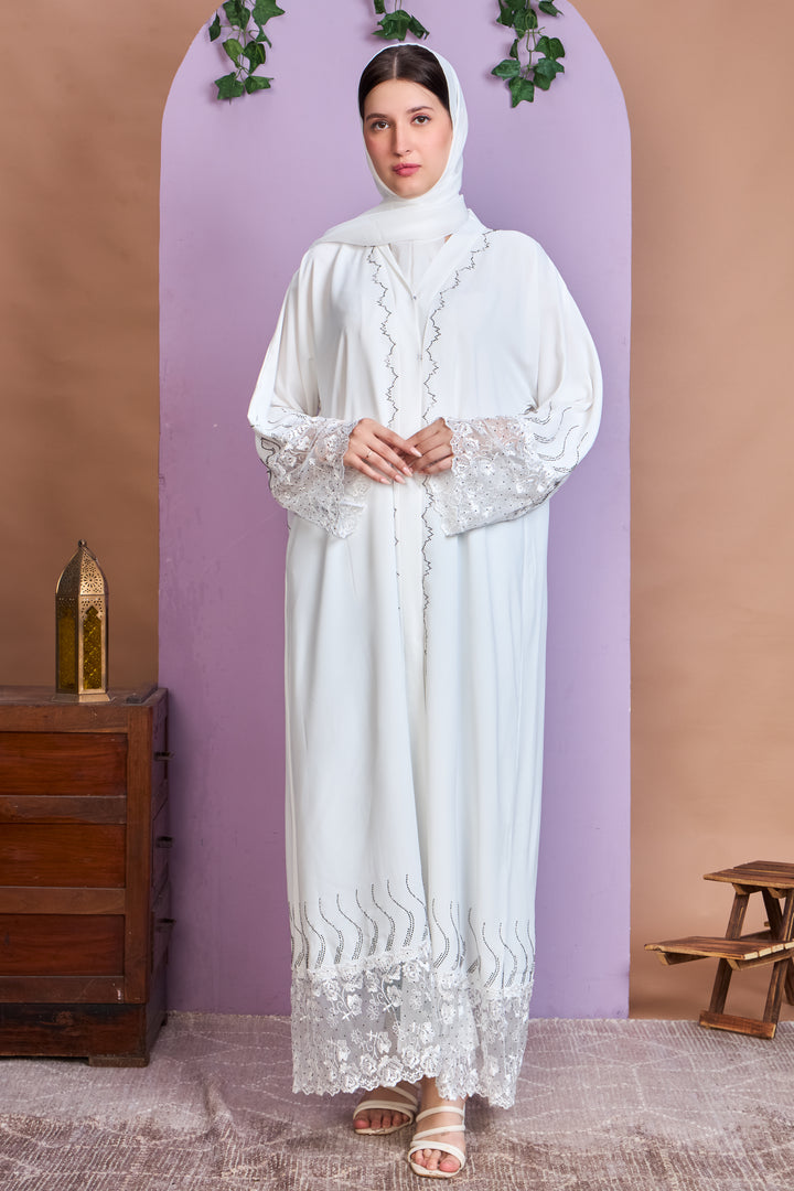Ivory White Abaya with Floral Lace and Crystal Wave Detailing